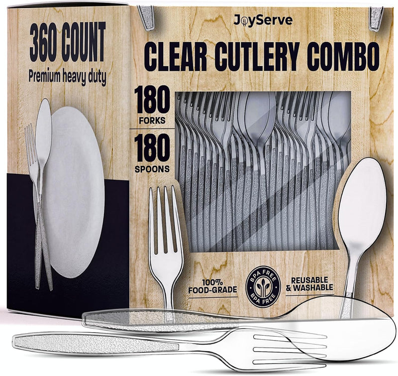 Clear Plastic Cutlery Set - (Bulk Pack 360 Pcs) Plastic Utensils Heavy Duty, 180 Plastic Forks and 180 Spoons, Silverware Sets for Party Supplies, Dinners, Take-Out, Catering, Food Services