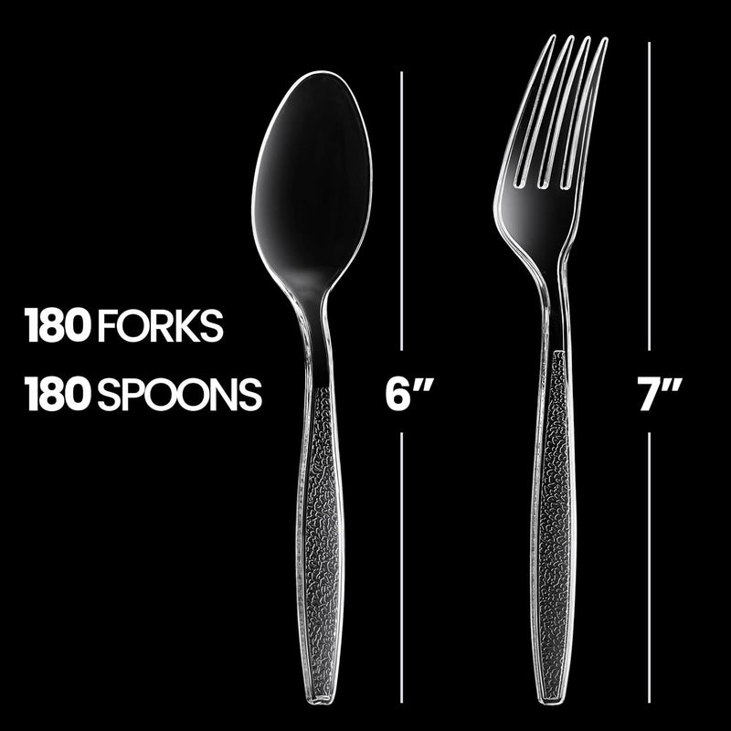 Clear Plastic Cutlery Set - (Bulk Pack 360 Pcs) Plastic Utensils Heavy Duty, 180 Plastic Forks and 180 Spoons, Silverware Sets for Party Supplies, Dinners, Take-Out, Catering, Food Services