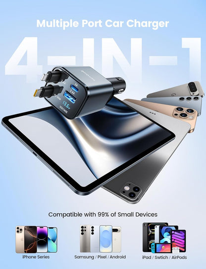 4-In-1 Retractable Car Charger Adapter 69W Fast Charging with Voltage Display, Compact USB-C and USB-A Multi-Port Car Power Charger for 12V/24V Vehicles