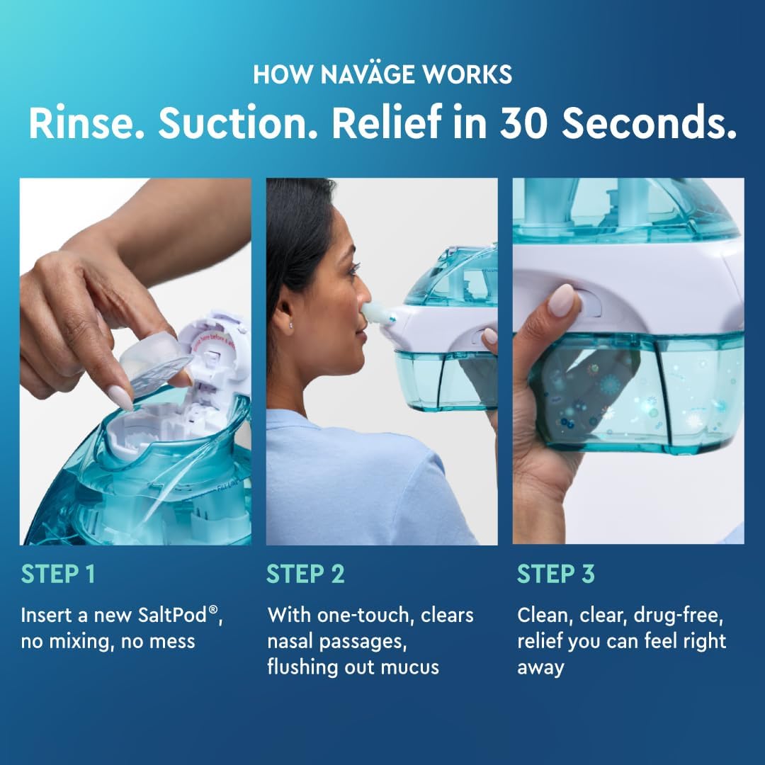 Navage Essentials Bundle – Powered Nasal Irrigation System – Saline Nasal Rinse Kit with Navage Nose Cleaner, 30 SaltPods & Countertop Caddy - PuriLite