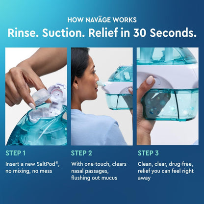 Navage Essentials Bundle – Powered Nasal Irrigation System – Saline Nasal Rinse Kit with Navage Nose Cleaner, 30 SaltPods & Countertop Caddy - PuriLite