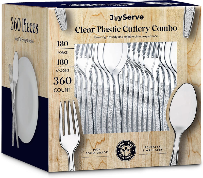 Clear Plastic Cutlery Set - (Bulk Pack 360 Pcs) Plastic Utensils Heavy Duty, 180 Plastic Forks and 180 Spoons, Silverware Sets for Party Supplies, Dinners, Take-Out, Catering, Food Services