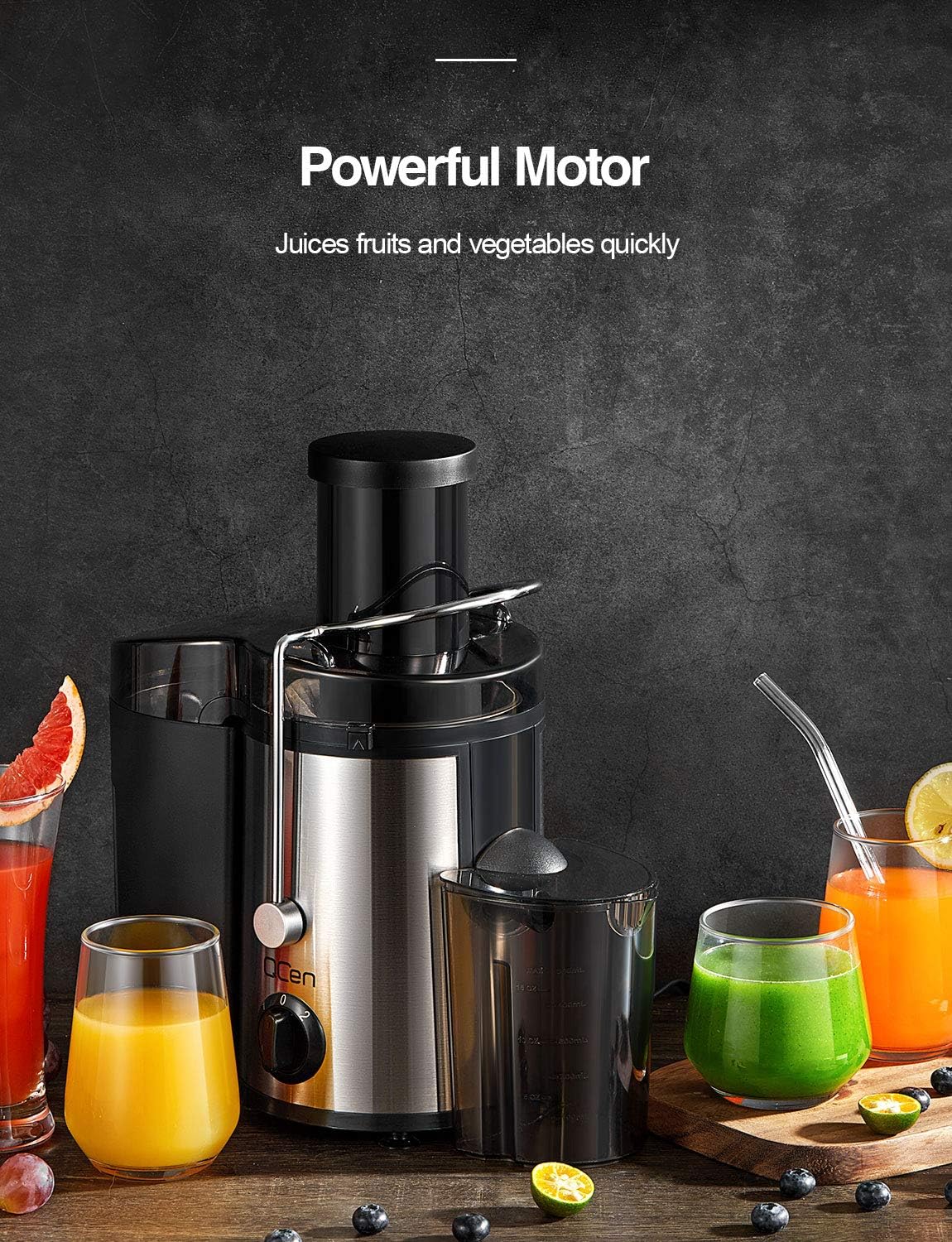 QCen 500W Centrifugal Juicer Machine with 3 Inch Wide Mouth Feed Chute, Dual Speed Fruit and Vegetable Juice Extractor, Stainless Steel BPA-Free Easy to Clean (Silver) - PuriLite