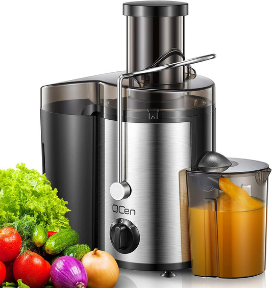 QCen 500W Centrifugal Juicer Machine with 3 Inch Wide Mouth Feed Chute, Dual Speed Fruit and Vegetable Juice Extractor, Stainless Steel BPA-Free Easy to Clean (Silver) - PuriLite
