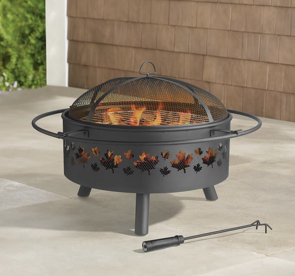Hampton Bay Maple Leaf Steel Wood Burning Fire Pit – 32" Round Outdoor Fire Pit with Spark Screen & Poker, Black - PuriLite