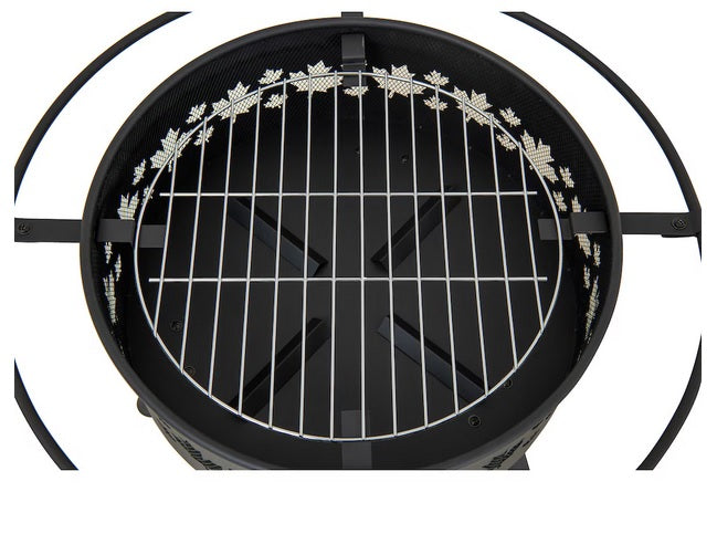 Hampton Bay Maple Leaf Steel Wood Burning Fire Pit – 32" Round Outdoor Fire Pit with Spark Screen & Poker, Black - PuriLite