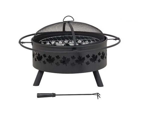 Hampton Bay Maple Leaf Steel Wood Burning Fire Pit – 32" Round Outdoor Fire Pit with Spark Screen & Poker, Black - PuriLite