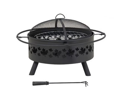 Hampton Bay Maple Leaf Steel Wood Burning Fire Pit – 32" Round Outdoor Fire Pit with Spark Screen & Poker, Black - PuriLite