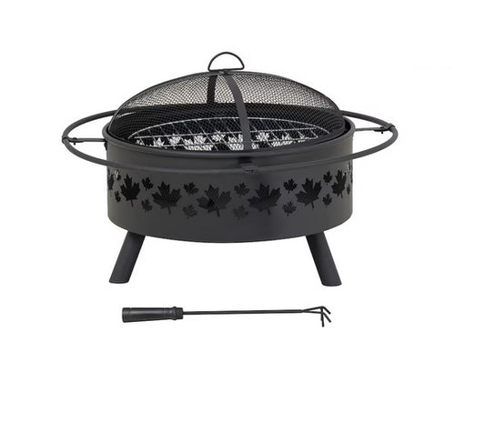 Hampton Bay Maple Leaf Steel Wood Burning Fire Pit – 32" Round Outdoor Fire Pit with Spark Screen & Poker, Black - PuriLite