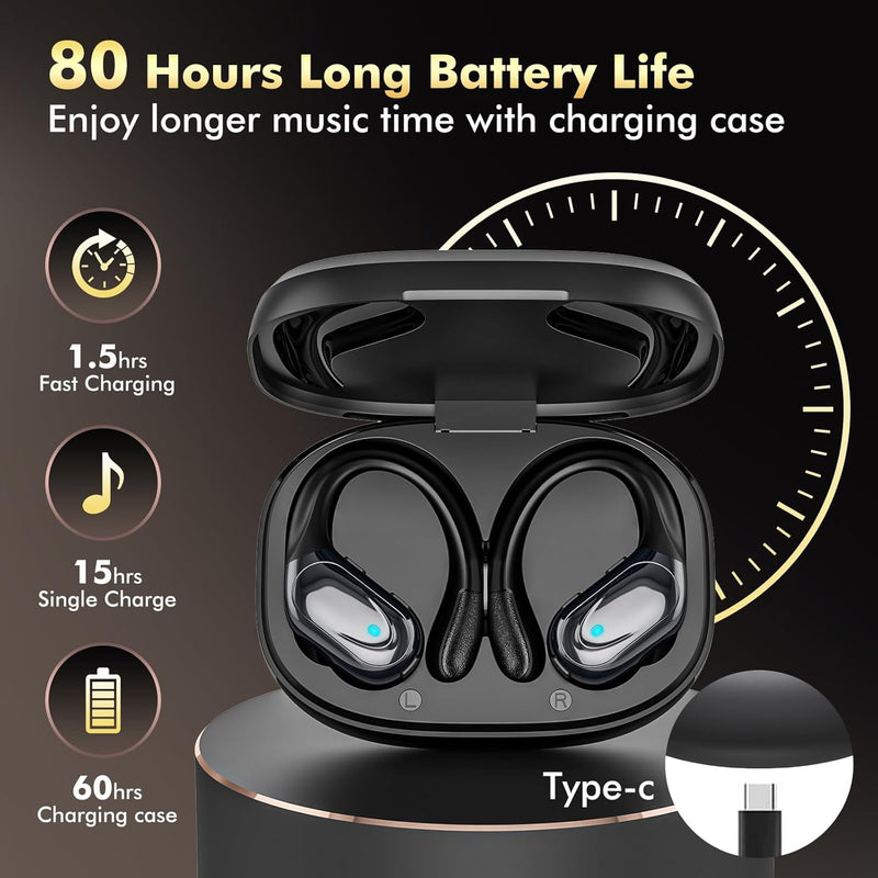 Wireless Earbuds Bluetooth Headphones 80hrs Playback Ear Buds Power Display with Noise Canceling Mic with Earhooks for Sports/Workout/Running Black