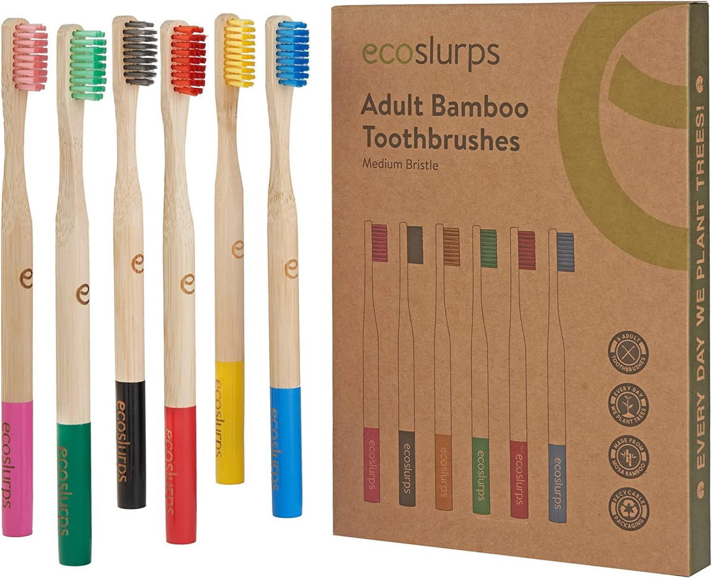 EcoSlurps 6 Bamboo Toothbrushes Multipack - Soft/Medium Bristle eco-friendly family toothbrush pack (Pack of 6)
