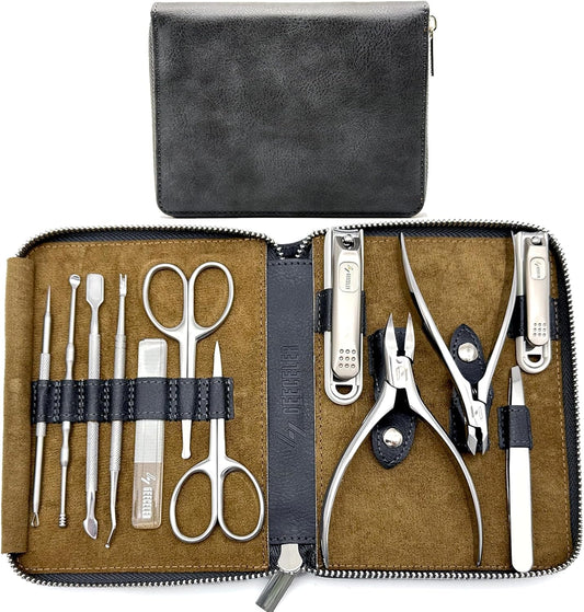 LYGA Nail Clipper Set 12 Pcs with Leather Case, Manicure Set for Men/Women, Quality Pedicure Kit, Quality Gift., Black