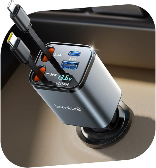 4-In-1 Retractable Car Charger Adapter 69W Fast Charging with Voltage Display, Compact USB-C and USB-A Multi-Port Car Power Charger for 12V/24V Vehicles