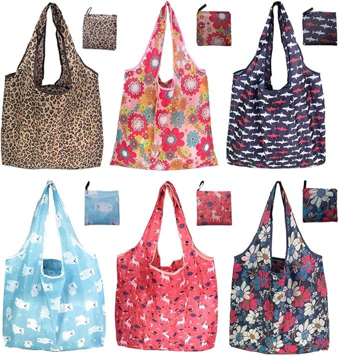 SNAIL GARDEN 6 Pack 44Lb Load Capacity Reusable Shopping Bag, Eco Friendly Foldable Large Heavy Duty Washable Tote Bags with 6 Attached Pouch,Lightweight Ripstop Polyester Grocery Shopping Bags