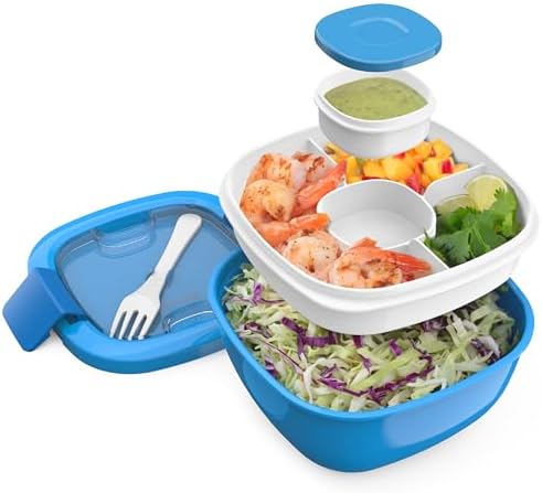 Bentgo Salad - Stackable Lunch Container with Large 54-oz Salad Bowl, 4-Compartment Bento-Style Tray for Toppings, 3-oz Sauce Container for Dressings, Built-in Reusable Fork & BPA-Free (Khaki Green)
