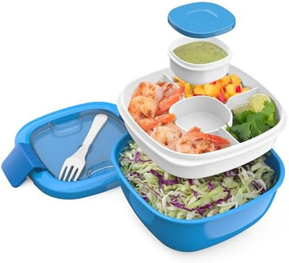 Bentgo Salad - Stackable Lunch Container with Large 54-oz Salad Bowl, 4-Compartment Bento-Style Tray for Toppings, 3-oz Sauce Container for Dressings, Built-in Reusable Fork & BPA-Free (Khaki Green)