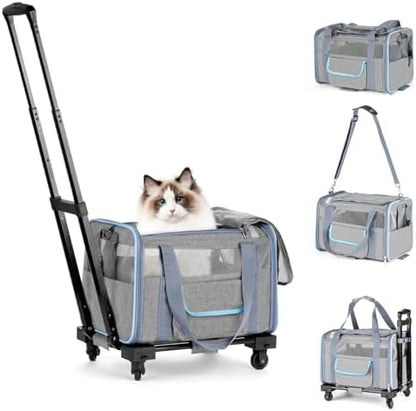UNICITII Pets Carrier for Small Cat, Dog Medium Cats Puppies up to 20 Lbs, Airline Approved Carrier Soft Sided, Collapsible Travel Puppy Carrier (Grey-with Wheels)
