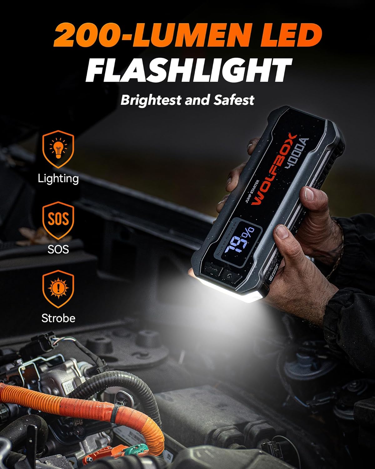 4000A Portable Car Jump Starter 12V Battery Booster with 65W Fast Charging, LED Display, Emergency Light, High-Capacity Power Bank for Gas and Diesel Vehicles