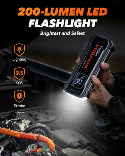 4000A Portable Car Jump Starter 12V Battery Booster with 65W Fast Charging, LED Display, Emergency Light, High-Capacity Power Bank for Gas and Diesel Vehicles