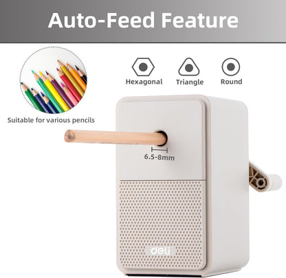 Deli Manual Pencil Sharpener, Auto-in Hand Crank Pencil Sharpener with Adjustable Point for Pencils and Colored Pencils, Pencil Sharpener for Kids, Students, Classroom, Home and Office, Gray