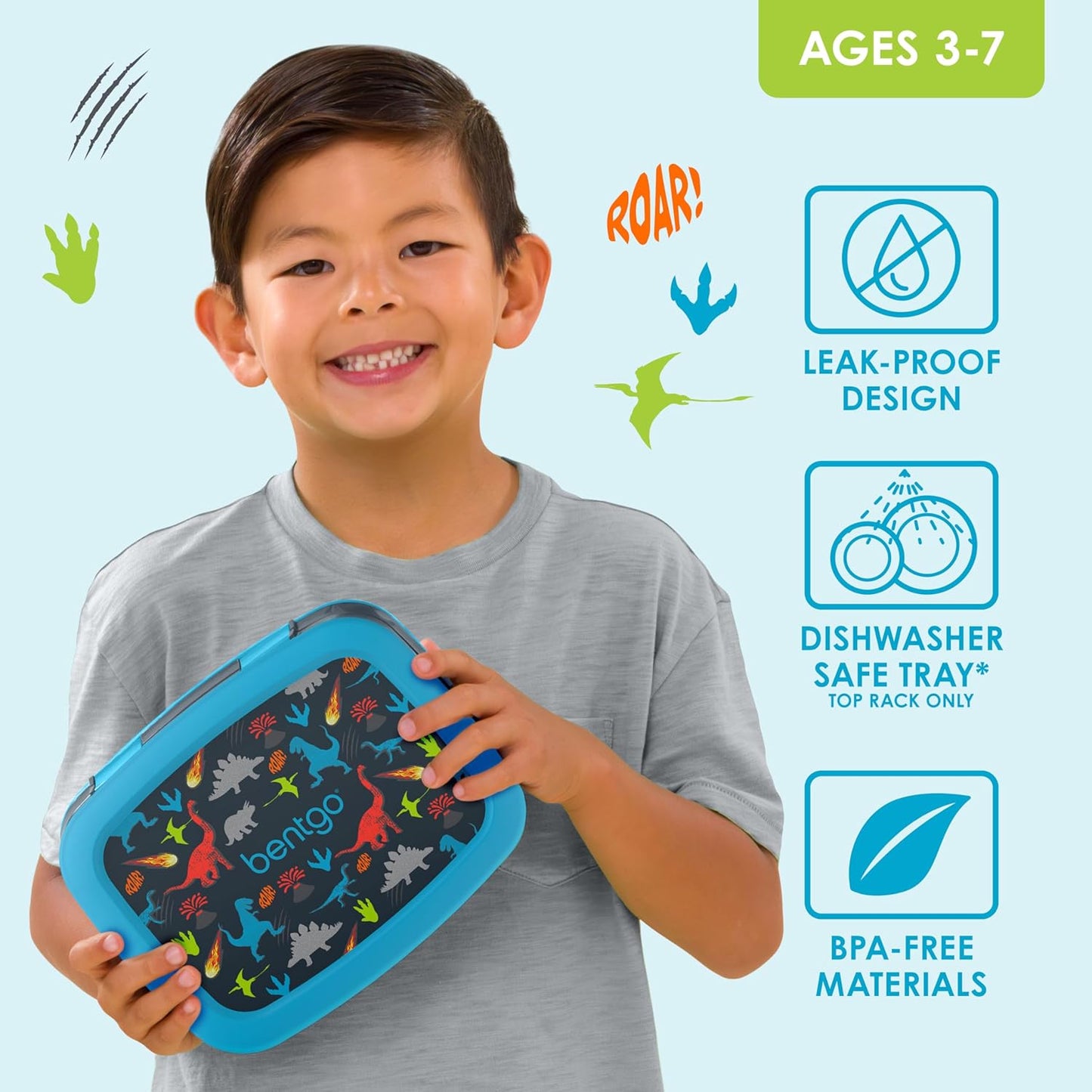 Bentgo Kids Prints Leak-Proof, 5-Compartment Bento-Style Kids Lunch Box - Ideal Portion Sizes for Ages 3 to 7 - BPA-Free, Dishwasher Safe, Food-Safe Materials (Dinosaur)