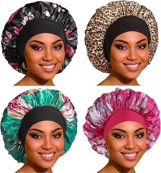 Satin Bonnet Hair Bonnet for Sleeping- 4 Pack Large Silk Bonnets for Women with Elastic Soft Band for Hair Care Braids