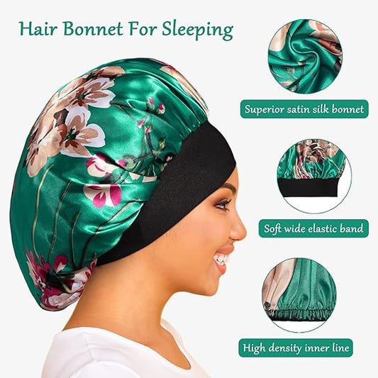 Satin Bonnet Hair Bonnet for Sleeping- 4 Pack Large Silk Bonnets for Women with Elastic Soft Band for Hair Care Braids - PuriLite