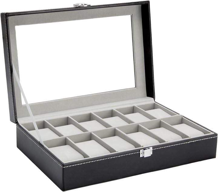 Ohuhu Watch Box Organizer for Men -12 Slot Leather Watch Case with Real Glass Lid Watch Display Case, Watch Organizer Jewelry Storage Box