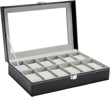 Ohuhu Watch Box Organizer for Men -12 Slot Leather Watch Case with Real Glass Lid Watch Display Case, Watch Organizer Jewelry Storage Box
