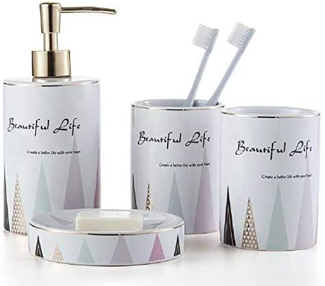 WPM 4 Piece Ceramic Bath Accessory Set | Includes Bathroom Designer Soap or Lotion Dispenser w/Toothbrush Holder, Tumbler, Soap Dish Choose from Purple, Black, Brown, Navy or Burgundy (Brown)