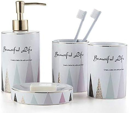 WPM 4 Piece Ceramic Bath Accessory Set | Includes Bathroom Designer Soap or Lotion Dispenser w/Toothbrush Holder, Tumbler, Soap Dish Choose from Purple, Black, Brown, Navy or Burgundy (Brown)
