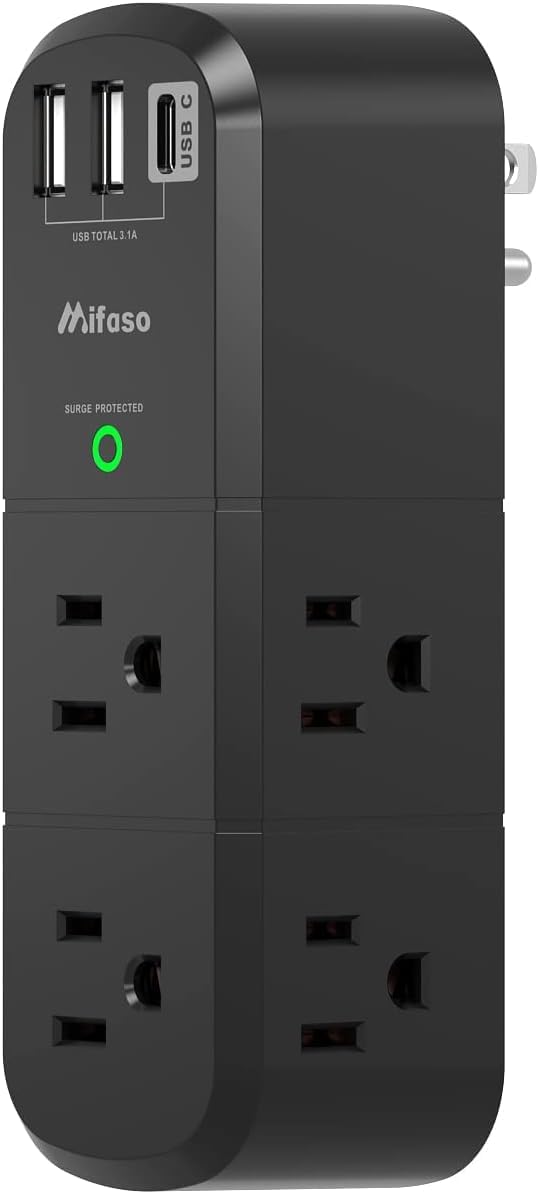 USB Outlet Extender Surge Protector with Rotating Plug, 6 AC Outlets and 3 USB Ports Including USB-C, 3-Sided Swivel Wall Power Splitter for Home, Office, and Travel, Black - PuriLite