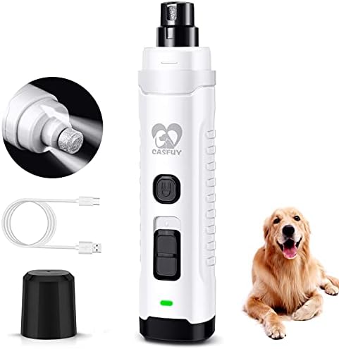 Casfuy Dog Nail Grinder with 2 LED Light for Large Medium Dogs - 3X More Powerful 2-Speed Electric Pet Nail Trimmer Rechargeable Quiet Painless Paws Grooming & Smoothing Tool