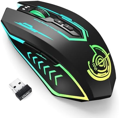 Wireless Gaming Mouse Up to 10000 DPI, UHURU Rechargeable USB Wireless Mouse with 6 Buttons 7 Changeable LED Color Ergonomic Programmable MMO RPG for PC Laptop, Compatible with Windows Mac