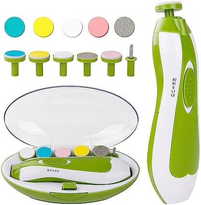 Tinabless Baby Nail Trimmer Electric - Safe Baby Nail File Clippers Set with LED Light, 6 Grinding Heads Kit for Newborn Infant Toddler Toes Care, Polish and Trim(Green)