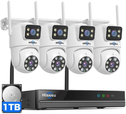 Hiseeu Wireless Security Camera System, 5G & 2.4G WiFi, Outdoor Camera for Home Security, Dual Lens, 360° Pan & Tilt, Auto Tracking, Color Night Vision, 1TB HDD No Subscription, WiFi Pro, Need Plug In
