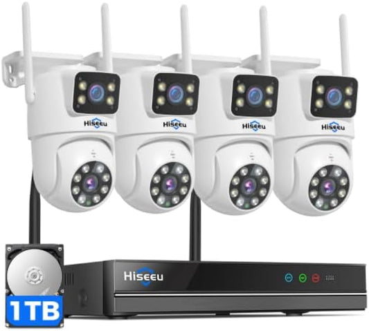 Hiseeu Wireless Security Camera System, 5G & 2.4G WiFi, Outdoor Camera for Home Security, Dual Lens, 360° Pan & Tilt, Auto Tracking, Color Night Vision, 1TB HDD No Subscription, WiFi Pro, Need Plug In