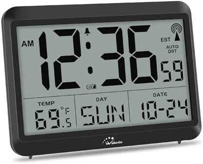 WallarGe Atomic Digital Wall Clock Battery Operated, Self-Setting, Large Display with Temperature, Date, Day of The Week, Silent Wall Mount Digital Clock, 4 Time Zones, DST