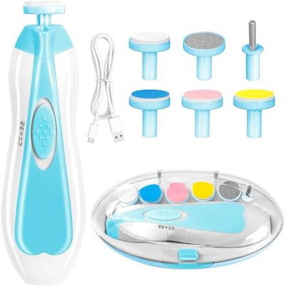 Qunlions life Electric Nail File Drill for Baby, No Sharp Claws Hurt, 6 in 1 Safety Cutter Trimmer Clipper for Toes and Fingers (Blue)