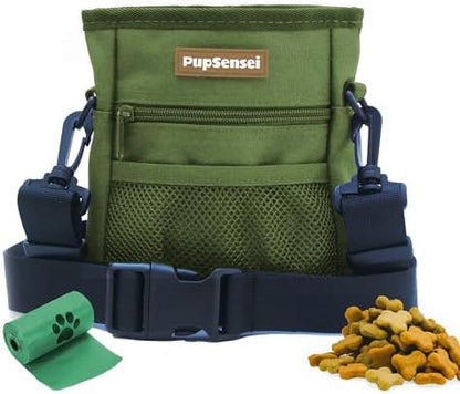 PupSensei Dog Treat Pouch, Durable Oxford Polyester, No-Spill Magnetic Closure, Treat Pouches for Pet Training with Metal Clip, Waist Belt, Adjustable Strap, Poop Bag Dispenser (Army Green)