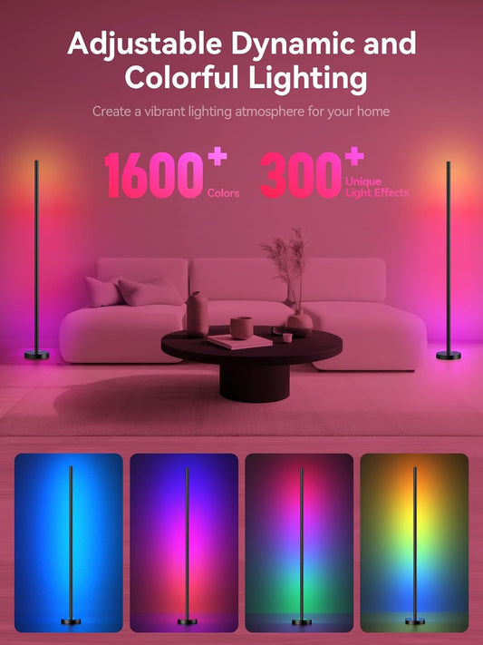 Smart RGBICW LED Corner Floor Lamp - 16 Million DIY Colors, 68+ Scenes, Music Sync, App & Remote Control, Color-Changing Ambient Lighting for Living Rooms, Bedrooms, and Gaming Rooms