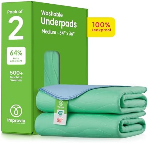 IMPROVIA® Washable Underpads, 34" x 36" (Pack of 4) - Heavy Absorbency Reusable Bedwetting Incontinence Pads for Kids, Adults, Elderly, and Pets - Waterproof Protective Pad for Bed, Couch, Sofa, Floor