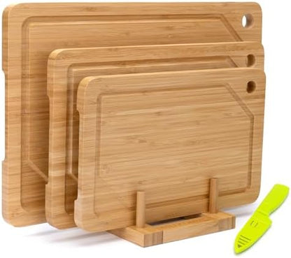 Bamboo Cutting Board Set of 3, Cutting Boards for Kitchen with Juice Groove, Bamboo Chopping Board Set, Serving Board Set for Meat, Fruit Vegetable and Cheese