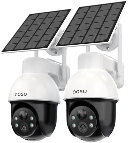 AOSU 3K/5MP Solar Security Cameras Wireless Outdoor, WiFi Camera Surveillance Exterieur for Home Security, Panoramic PTZ, Auto Tracking, Human/Vehicle Detection, Night Vision (2 Pack)