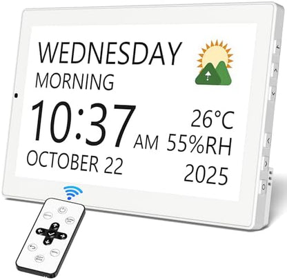 10.1'' Large Display Dementia Clock for Seniors, Calendar Clock with Remote Control,12 Themes, 20 Alarms, 20 Reminders, 6 Languages, Auto Dimming, 12/24 Hours, Indoor Temperature, Humidity