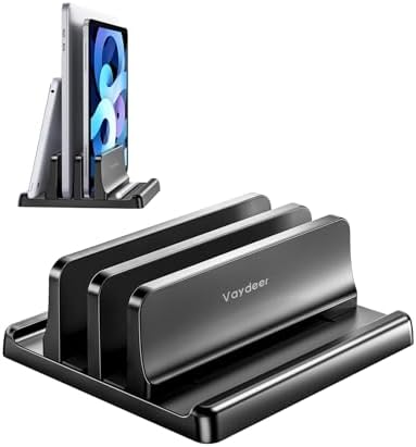VAYDEER Vertical Laptop Stand for Desk – Dual Slot Adjustable Laptop Holder, Space-Saving 4-in-1 Desk Organizer for MacBook, Chromebook, Surface, Dell (Black)