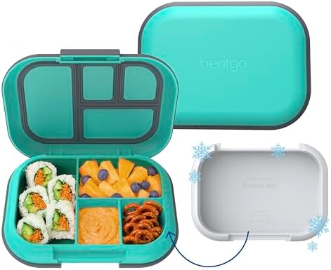 Bentgo Chill Kids Leak-Proof Lunch Box - 4-Compartment Bento Box with Built-In Ice Pack, 3.3 Cup Capacity, PFAS & BPA-Free, Microwave & Dishwasher Safe, Ideal Size for Ages 3 to 7 (Aqua)