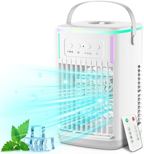 Portable Air Conditioners Fan with Remote, 4-in-1 Portable AC with 1500ml Water Tank, 3 Wind Speeds, 6H Timer, 2 Cool Mist, 7 Lights, Personal Mini Air Conditioner for Room Bedroom Office (Black)