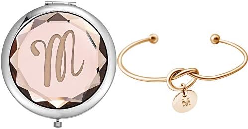 Compact Crystal Pocket Makeup Mirrors Set - Letter Mirror and Love Knot Bracelets for Bachelorette Party, Bridesmaid Proposal, Wedding Gifts (Champagne-B)