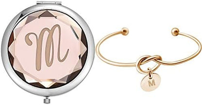 Compact Crystal Pocket Makeup Mirrors Set - Letter Mirror and Love Knot Bracelets for Bachelorette Party, Bridesmaid Proposal, Wedding Gifts (Champagne-B)